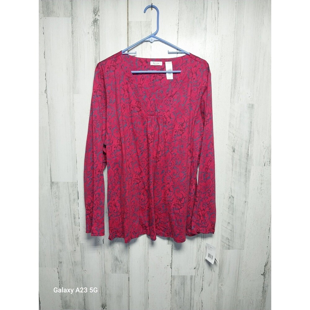 Liz & Co Women’s 3X Red Long Sleeve V Neck Top Blue Scrollwork